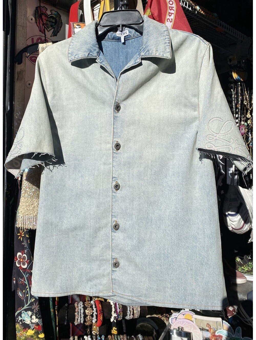 NWT LOEWE Anagram Light Wash Denim Short-Sleeve Embroidered Shirt Size 44